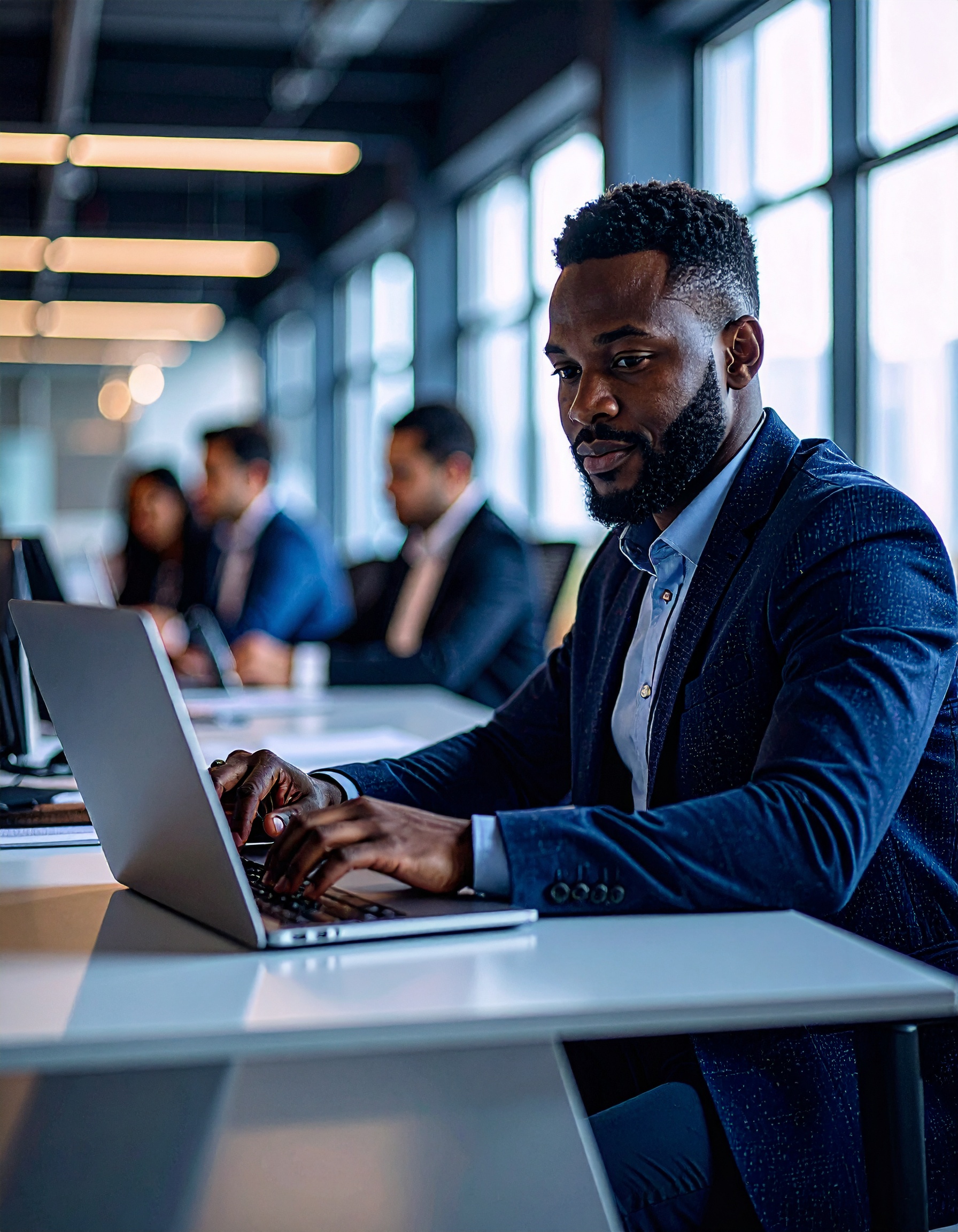 Homem em traje formal trabalha concentrado em um laptop em ambiente de escritório moderno e bem iluminado, com janelas amplas ao fundo. Outras pessoas em trajes semelhantes aparecem desfocadas ao fundo, indicando um espaço colaborativo e profissional. A composição utiliza iluminação suave para criar uma atmosfera de foco e produtividade, destacando os detalhes da cena.